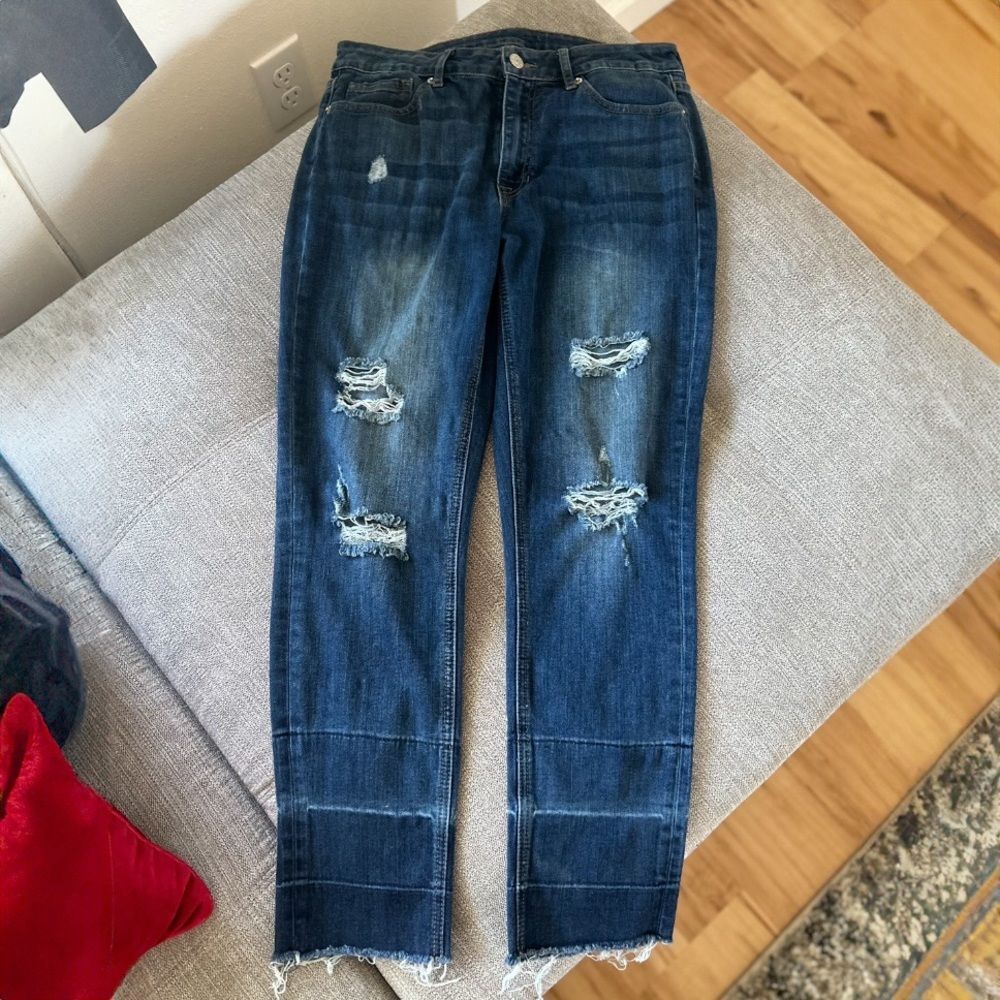 Just USA Women’s Dark Blue Distressed Frayed Denim Blue Jeans Size 27